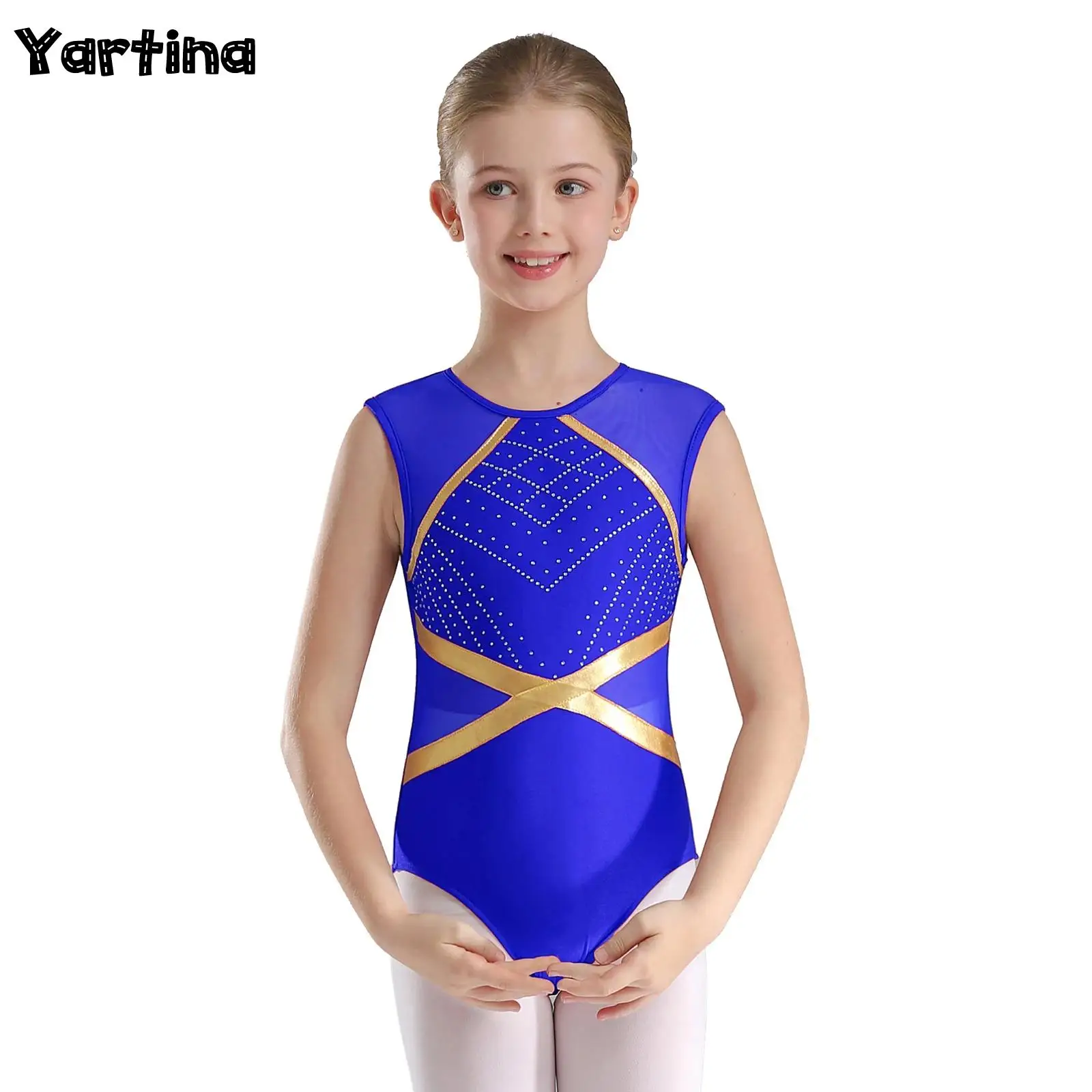 Children Glittery Rhinestones Gymnastic Ballet Jersey Swimsuit for Ballet Dancing Artistic Skating Dance Costume for Kids Girls