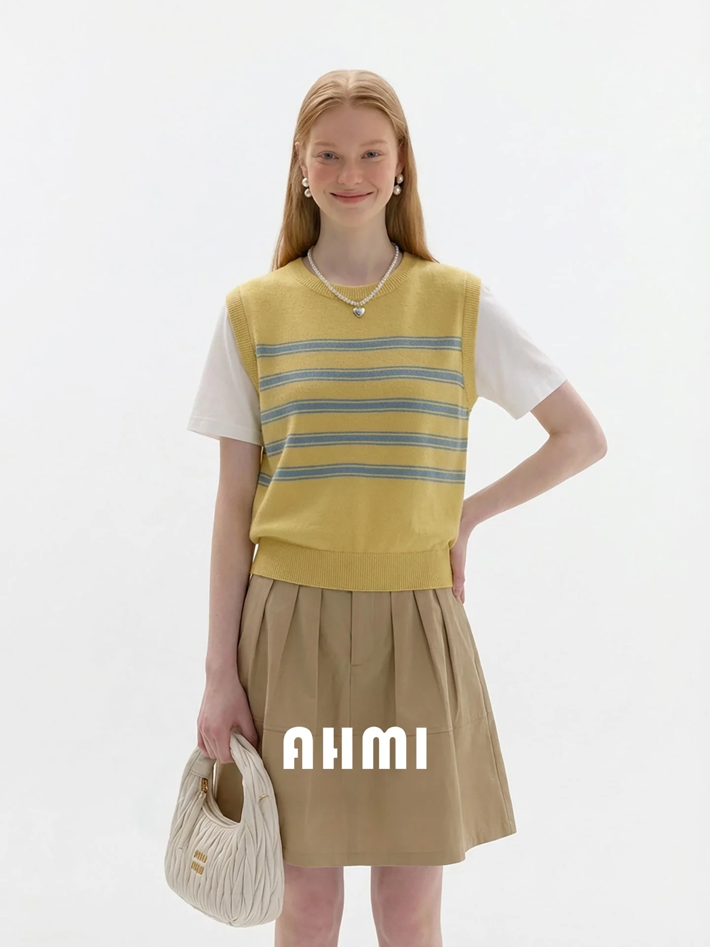 

AHMI Korean Striped Knitted Fake Two-Piece T-Shirt Women's Summer 2026 Loose Commuter Top College Style Breathable