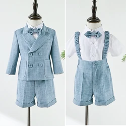 Children Suits Spring Summer Suit Set Boy Blazer Overalls  Bow tie Clothes Sets Kids Wedding Party Birthday Photogray Costume