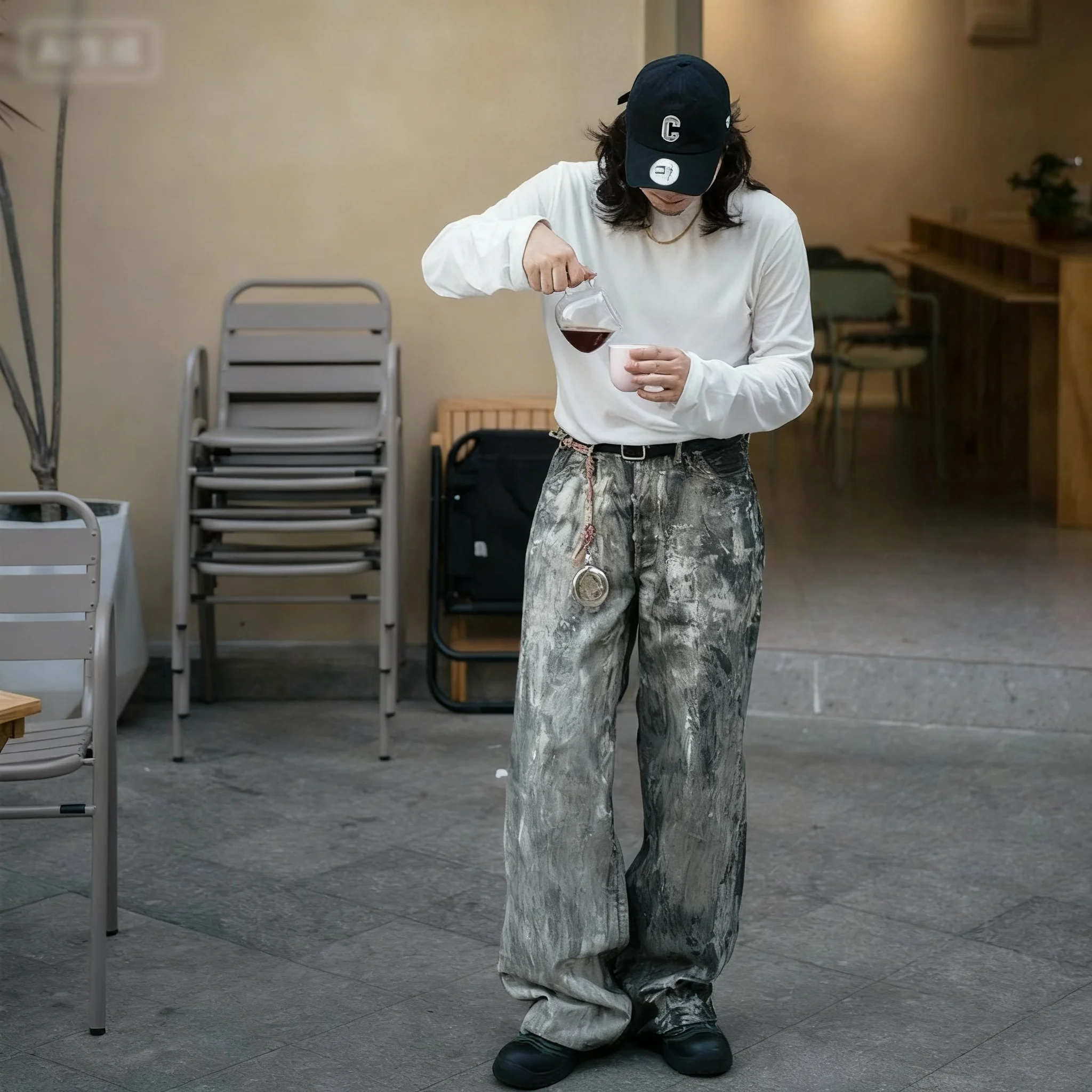 

2025 Spring and Autumn New Inkjet Printed Unisex Jeans for Men and Women, Water Washed Loose Wide Leg Camouflage Pants