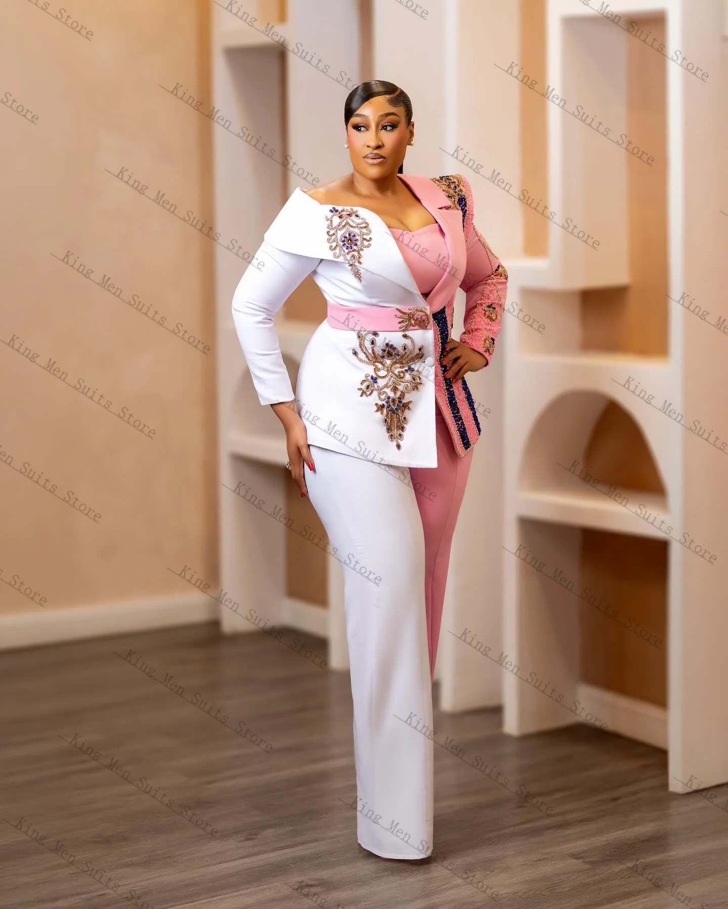 

Crystals Pink White Women Suit Skirt Set 2 Pcs Blazer+Pants Trousers Cotton Customized Formal Guest Wedding Tuxedos Coat Jacket