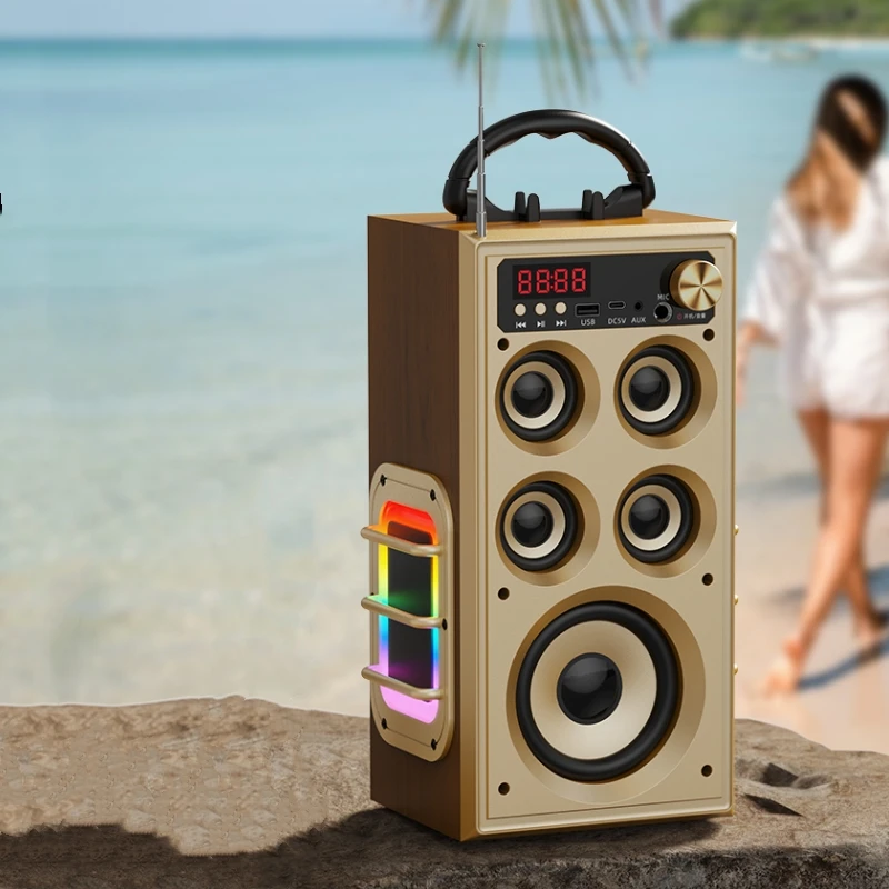 New Wooden Wireless Bluetooth Speaker for Outdoor Hand-held Square Dance, Super Volume, Five Horns, Heavy Bass and High Power