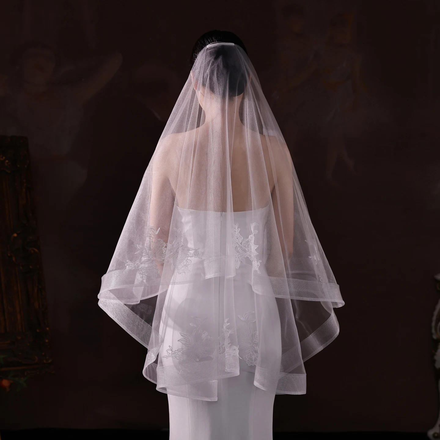 

V539 Эластичная высокопрозрачная фата с сетчатыми краями, двухслойная белая кружевная свадебная церемония, покрытие для лица, супер сказка