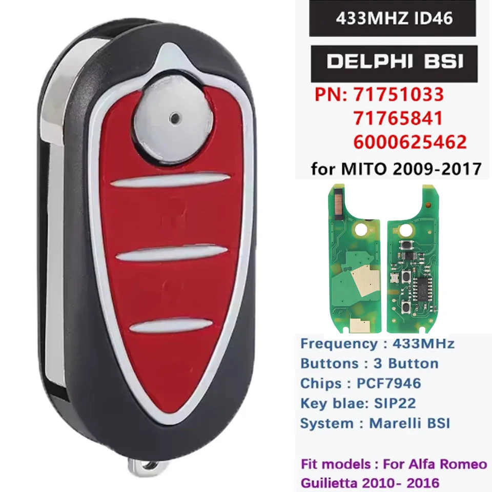 

KEYECU Replacement Flip Remote Key Fob 3B 433Mhz ID46 for Alfa Romeo Giulietta 2010-2016 Marelli BSI Mito 2009-2017 Delphi BSI