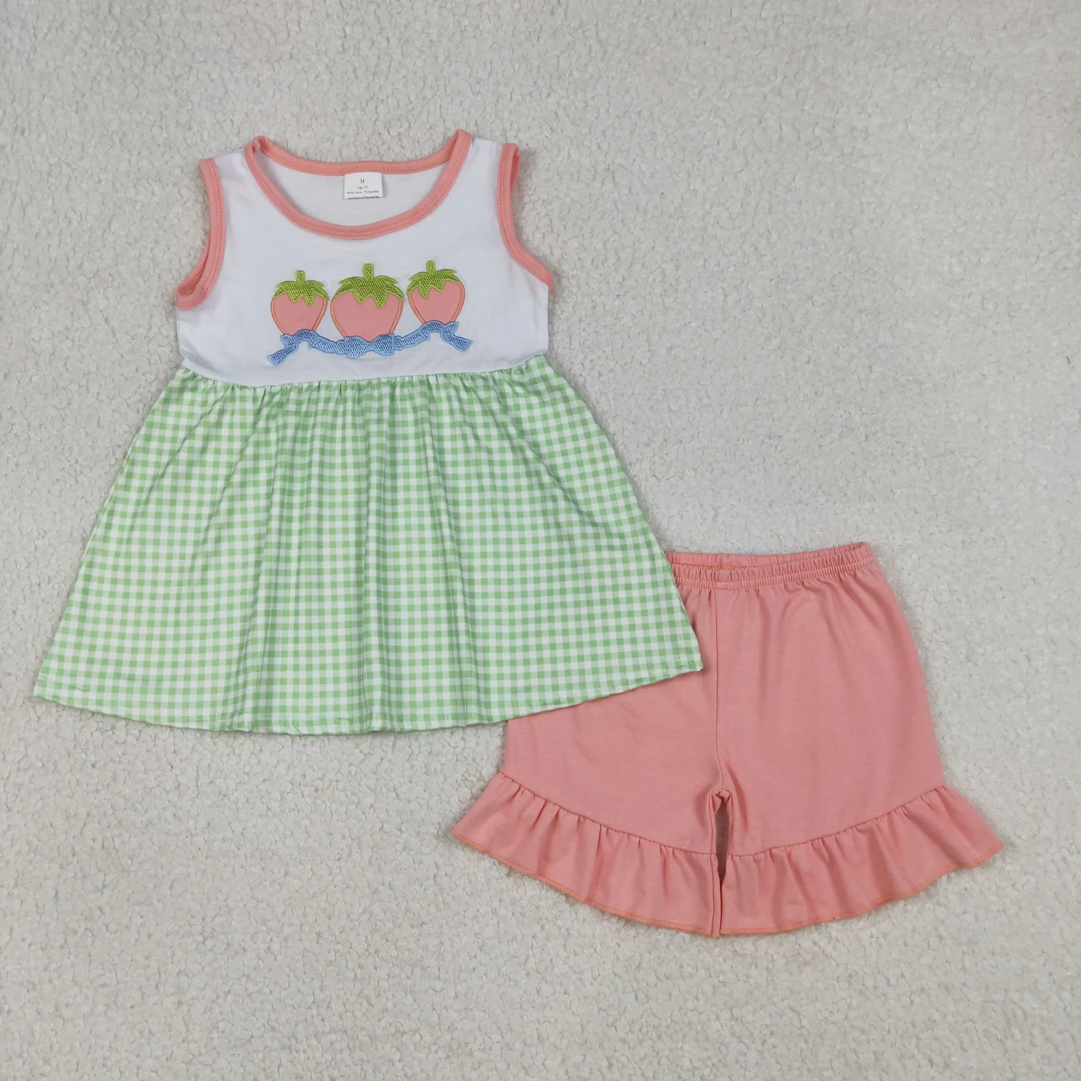 

z0106-13 GSSO2981 Wholesale Boutique kids clothes girl embroidery strawberry bow sleeveless shorts Set Summer Children clothing