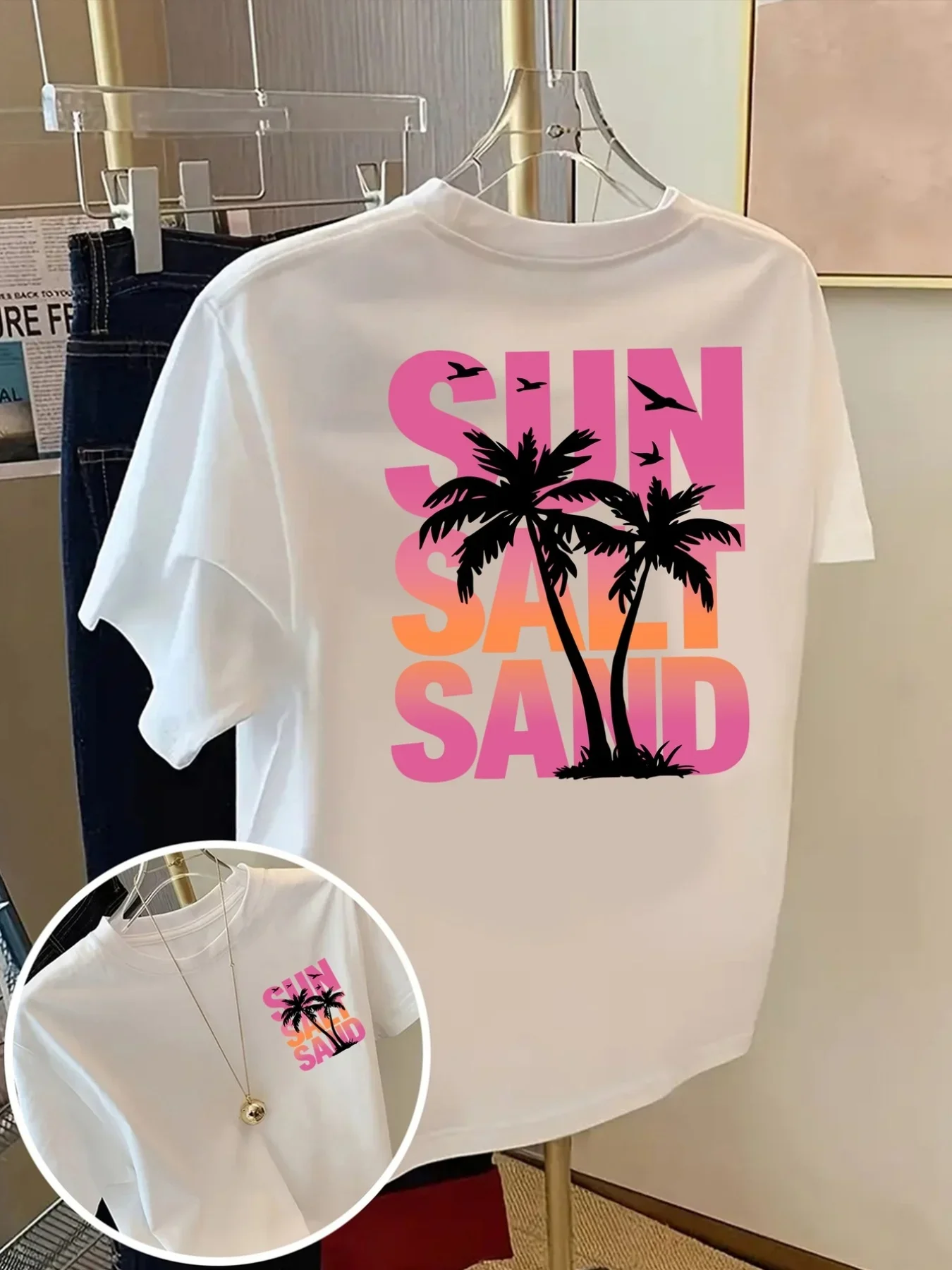 Sun Salt Sand Palm Tree Graphic T Shirt Men Double Sided Print Summer Beach 100% Cotton Casual Short Sleeve Tee
