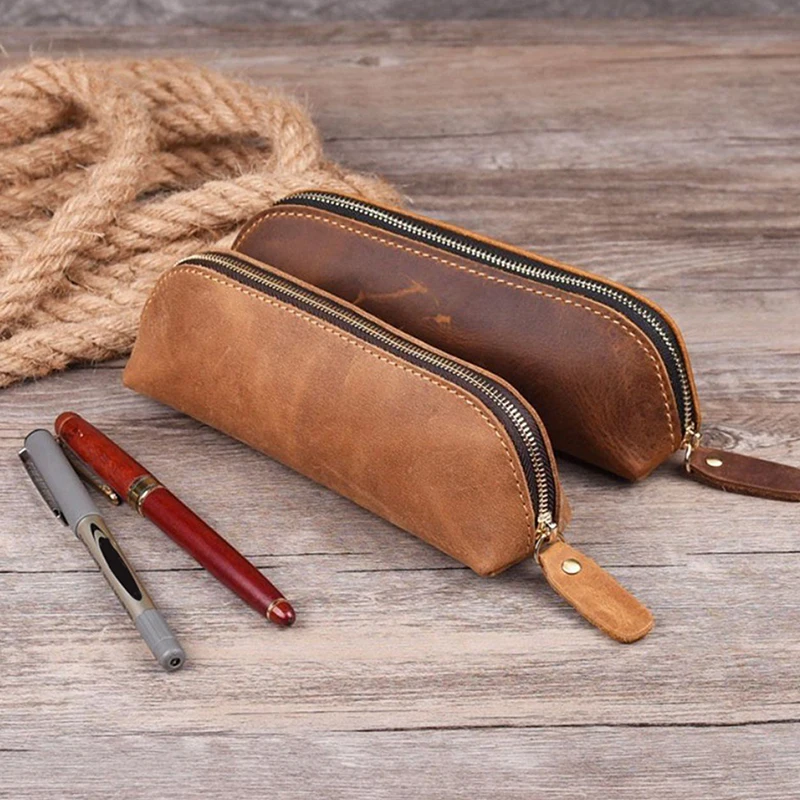 Vintage PU Leather Handmade Pencil Case Large-capacity Zipper Simple Pen Box Office School Stationery Storage Box