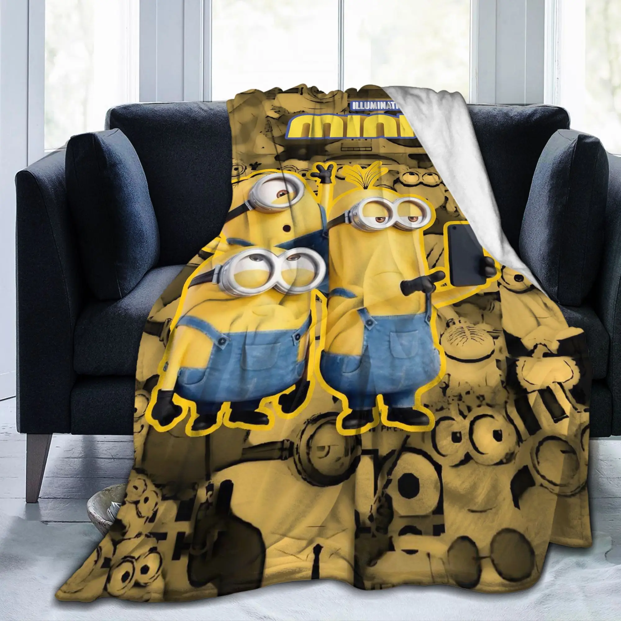Cute Anime M-Miniones Blanket Flannel Print  Portable Super Warm Throw Blanket for Bed Travel Quilt
