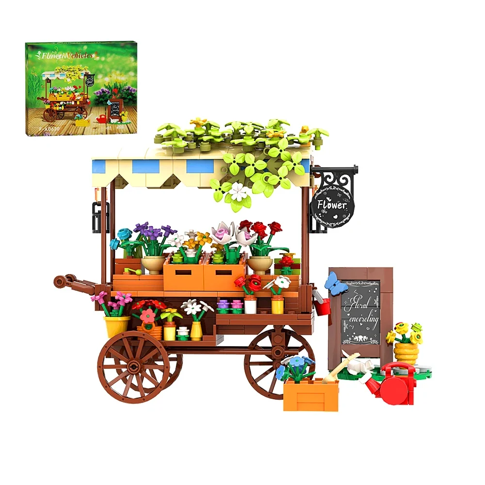 Bloques de construcción de carro de flores para niños y niñas, juguete de ladrillos para armar puesto de mercado, floristería, vista a la calle, ideal para regalo, 458 piezas