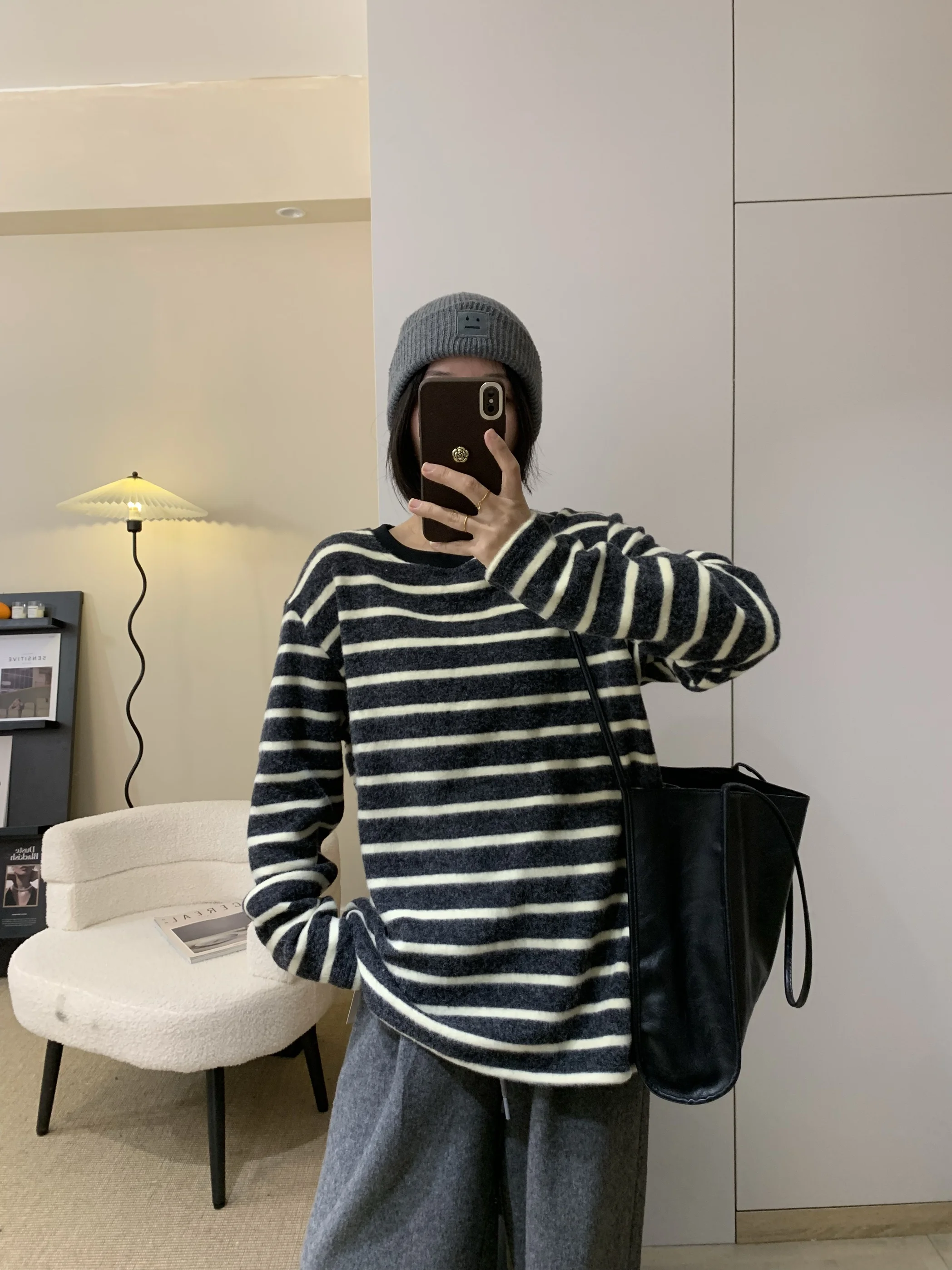Korean Style Soft Rabbit Fur Long Sleeve round Neck T-Shirt Women's Autumn Winter Loose Lazy Base Shirt Top Striped Pattern