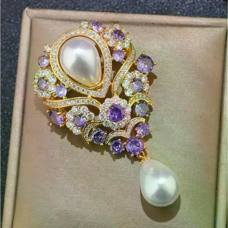 Fashionable Violet Pearl Pendant Luxurious Rhinestone Inlaid Brooch Charming Jewelry Accessories For Banquet Dresses Gifts
