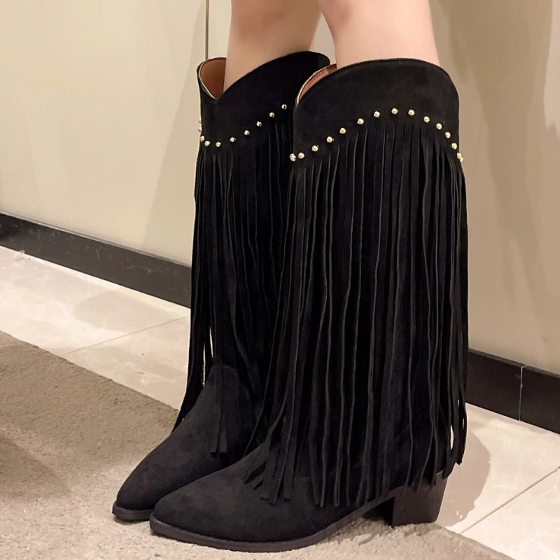 2023 Fashion Shoes for Women Slip on Women's Boots Winter Pointed Toe Solid Flock Knee-High Chunky Heels Western Tassel Boots