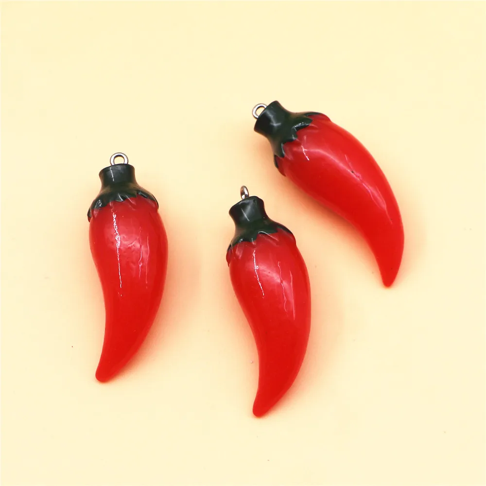10pcs Kawaii 3D Simulation Red Pepper(with Hook) Resin Food Art Supply Decoration Charm Craft DIY,16*47mm