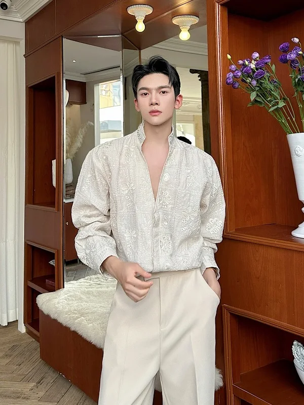 

Handmade Embroidered Cotton Linen Long Sleeve Shirt V-Neck Pure Desire Prince Style Cleanfit Polyester Uniform Four Seasons