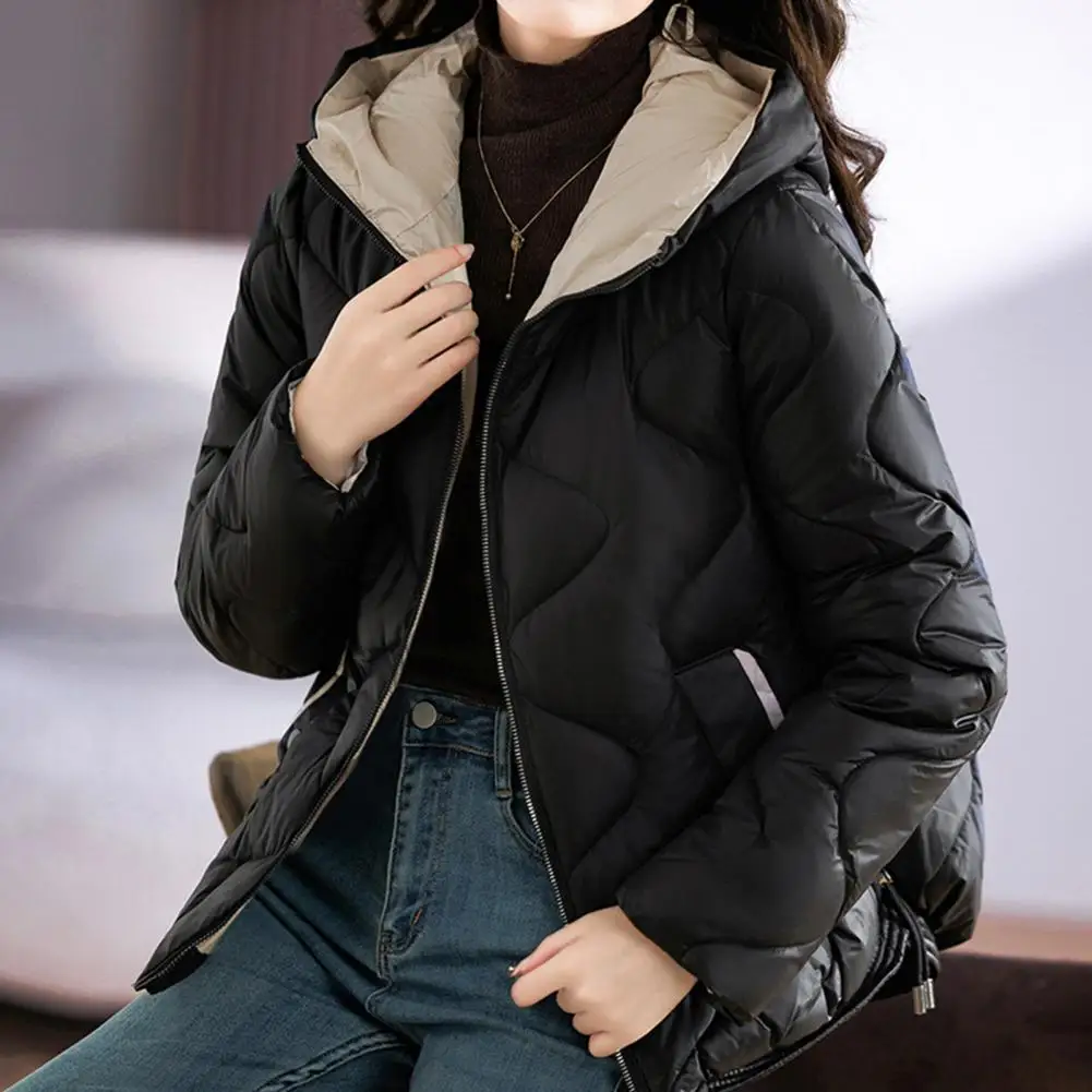 Winter Lady Down Coat Solid Color Long Sleeves Hooded Padded Coat Thicken Neck Zip up Outdoor Cotton Coat With Pocket