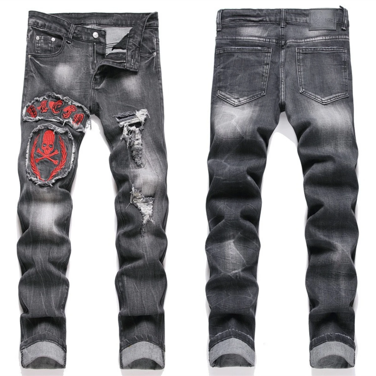 Embroidery Jeans Men Hole Splash Ink Soft 3D Hollow Long Pants Hip Hop Motorcycle Style Repair Tall Street Pure Cotton Red Ear 2