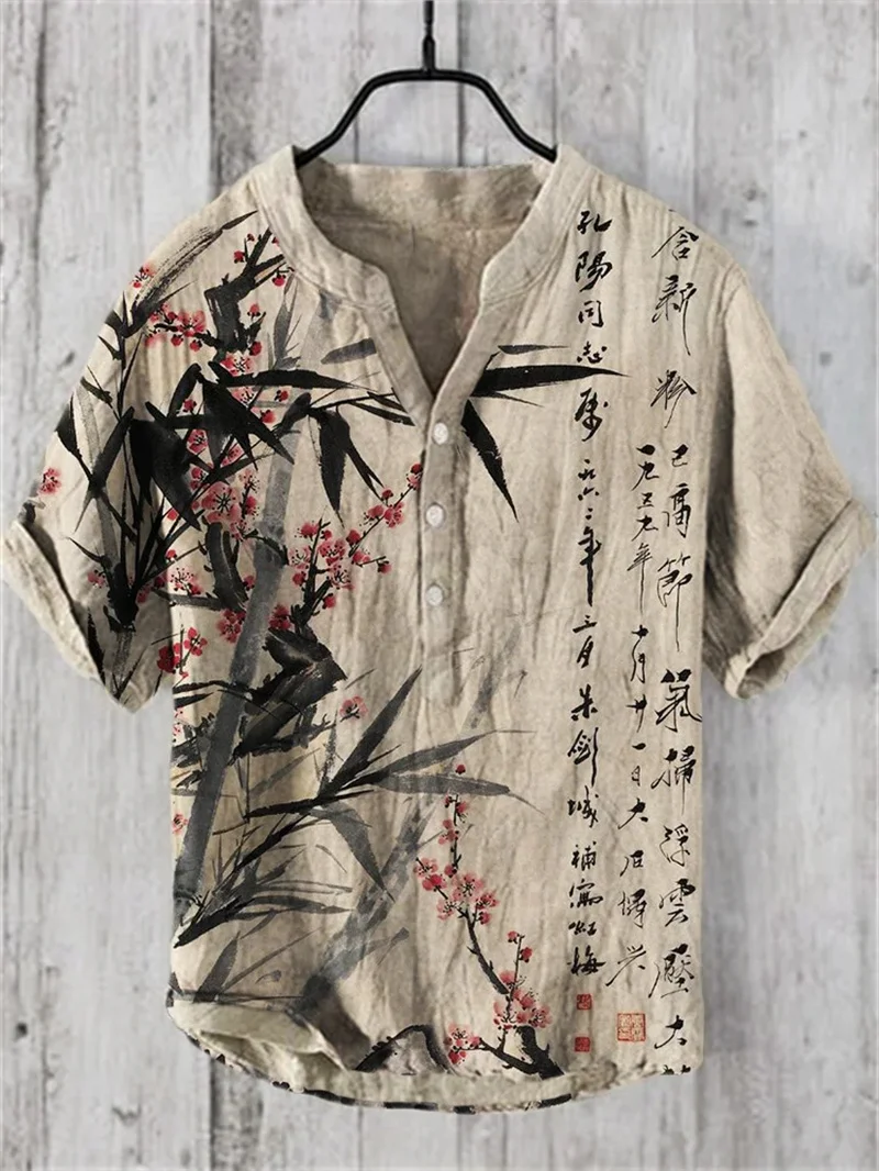 

Linen men's fashionable casual shirt short sleeved top 3D printed pattern clothing 2024 Hawaii shirt men's social shirt premium