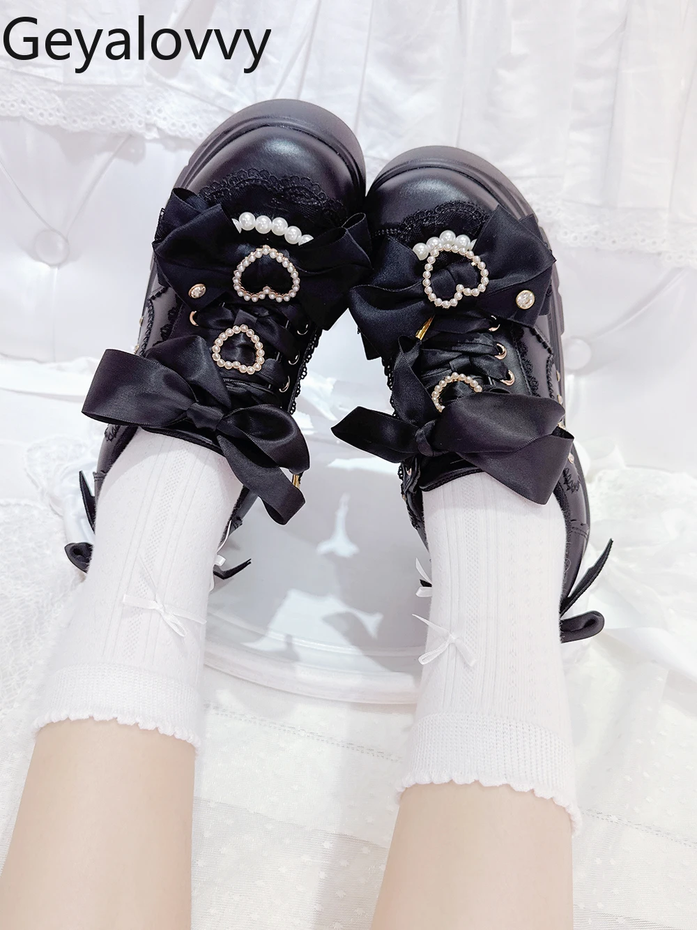 

Mouth Thick Sole High Heel Pumps Spring and Autumn Japanese Style Platform Sweet Cute Versatile Lace-up Women's Shoes