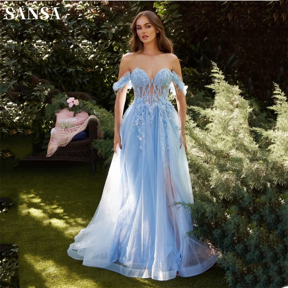 Sansa 3D Flower Lace A-line Prom Dress Elegant Heart Neck Tulle Vestidos De Noche Fruit Color Side Split Wedding Dress 2024