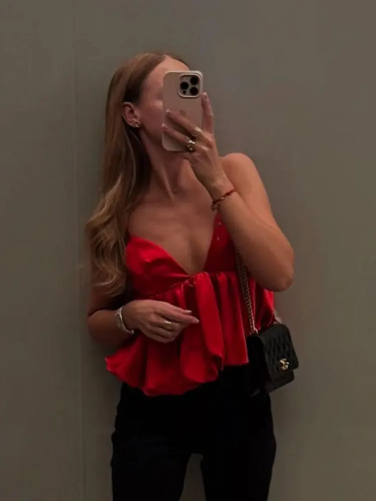 HH mujer verano moda satén textura rojo Sling Tops cuello pico sólido sin mangas espalda descubierta elegante plisado Sexy camisetas sin mangas de fiesta