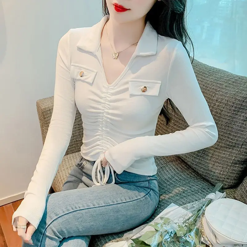 

2026 Women's Sexy Lace Up Long Sleeve T Shirt Slim Fit Short Top Spring Autumn Casual Base Layer Stylish