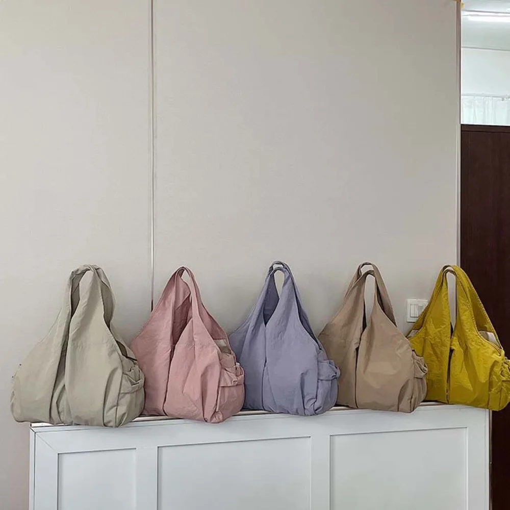 

Casual Nylon Shoulder Bag Double Zipper Design Japanese Style Large Capacity Tote Bag Soft Solid Color