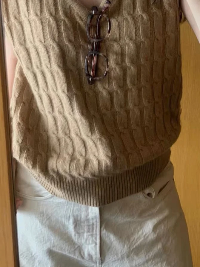 

Вязаный жилет из шерсти Dongdaemun Noing Wtten, универсальный пуловер из смесовой шерсти с круглым вырезом