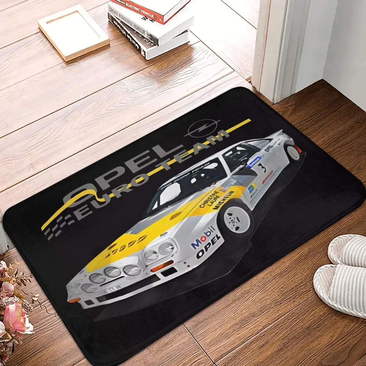 Opel Euro Team Racing Car Floor Mat - Vibrant Sports Design for Entrances, Perfect for Auto Enthusiasts and Modern Home Décor