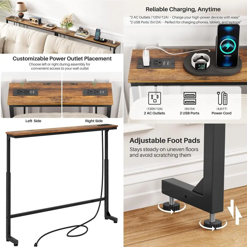 

Adjustable Height Console Table with Power Outlets for Sofa Area, 25-33, 5.9x39.4 Rustic Brown