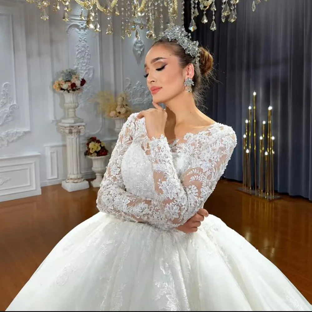 Luxury Princess Ball Gown Wedding Dresses For Bride Lace Appliques Long Sleeves Bridal Marriage Formal Clothing Robe De Mariee