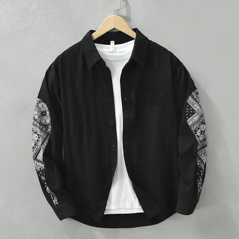 

Loose Long Sleeve Black Shirt Men High Street Printed Patchwork Shirt Casual Pure Cotton New Man Shirts Japanese Vintage Clothes