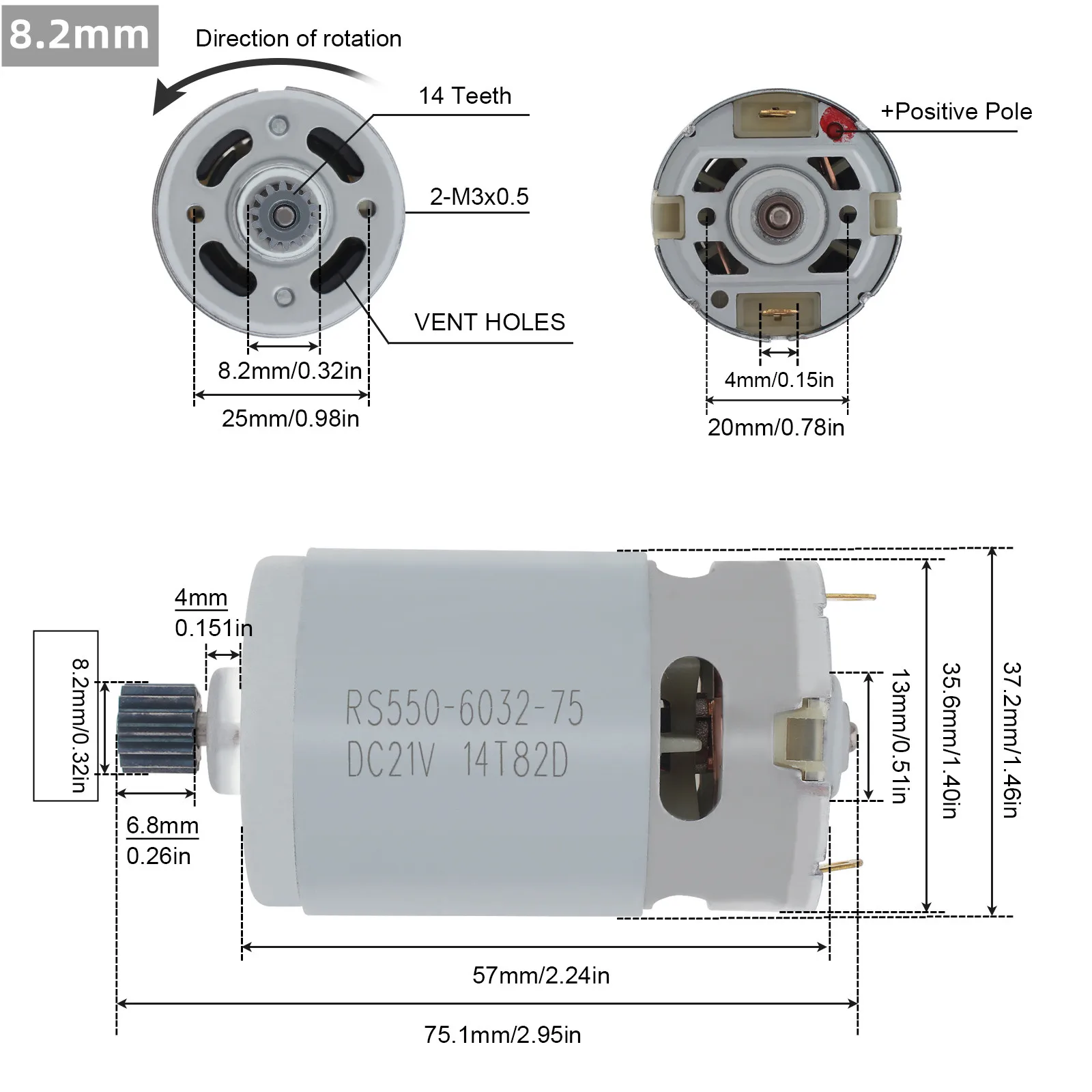 RS550 DC Motor 8.2mm/9.5mm 14 Teeth High Speed Mini Micro Motor for Lithium Electric Drill / Electric Saw / Electric Screwdriver