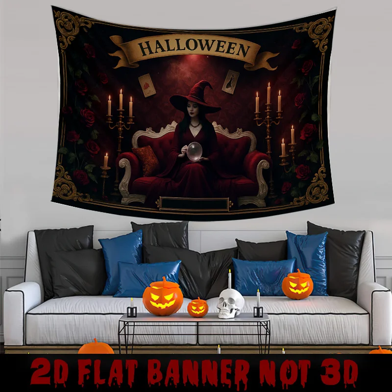 Gothic Witch Tapestry Wall Decor for Indoor Halloween Party, Spooky Carnival, Creepy Wall Hanging