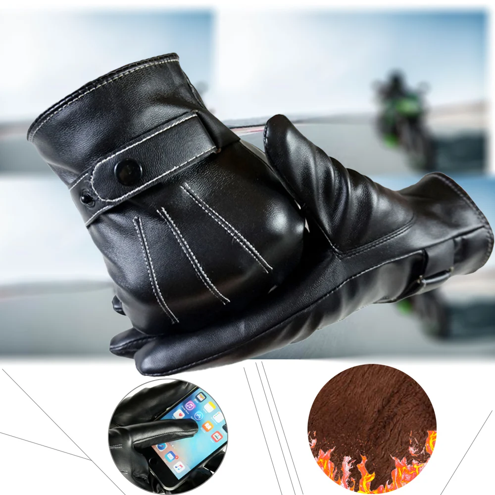 Winter Leather Gloves for Men, Touchscreen Snap Closure Cycling Black Gloves Outdoor Riding Warm Waterproof Gloves