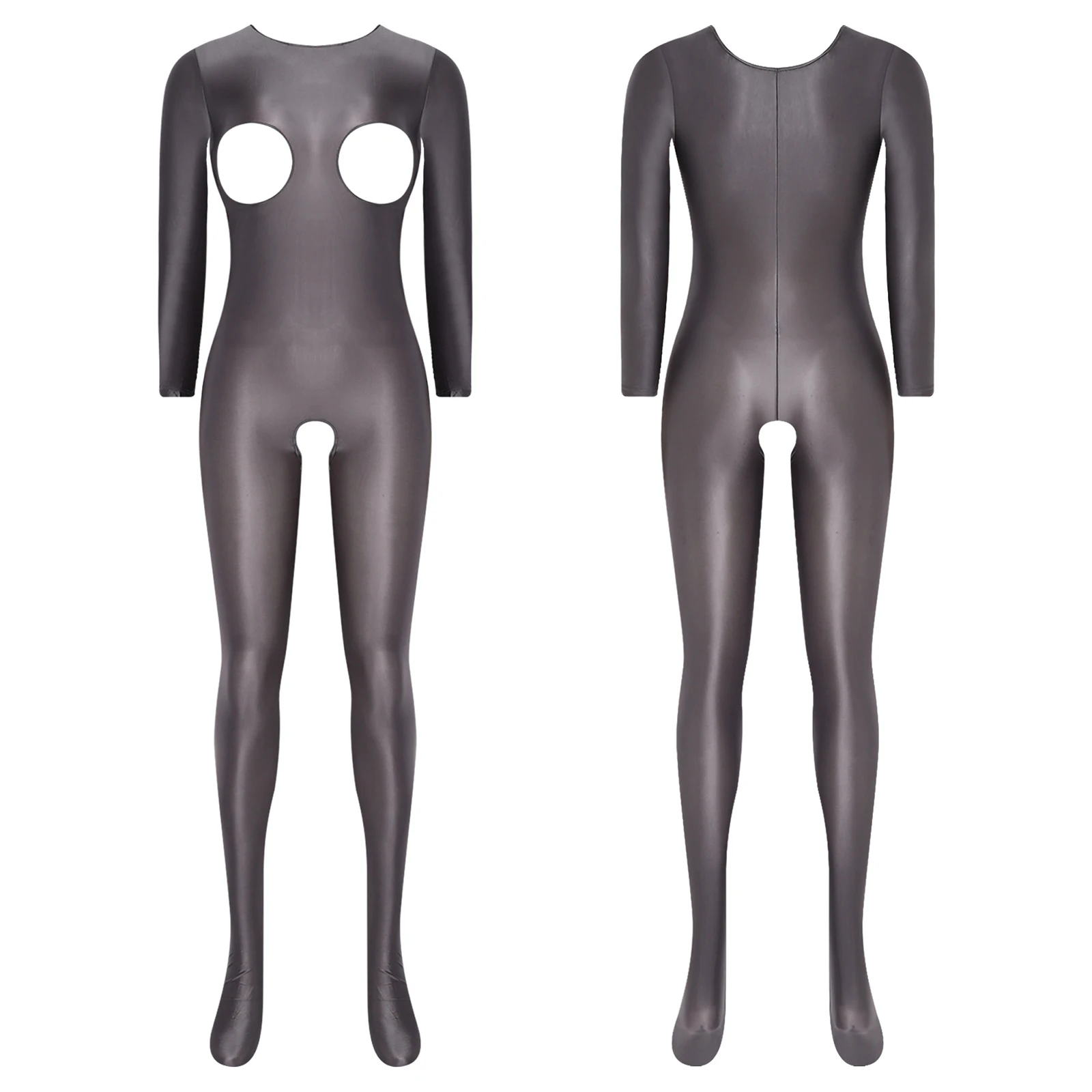 

Women Glossy Stretchy Unitard Nightwear Cutout Cup Open Crotch Long Sleeve Footed Tights Bodysuit Jumpsuit for Rave Anniversary
