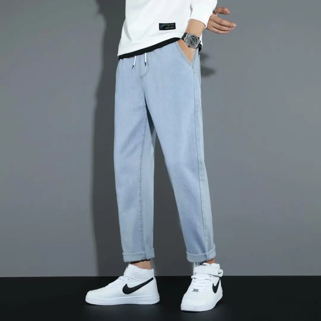 

Мужские джинсы прямого кроя Light Wa с эластичным поясом, в корейском стиле, для студентов, в стиле ретро, повседневные брюки в стиле Hong Kong Sle Nine Point