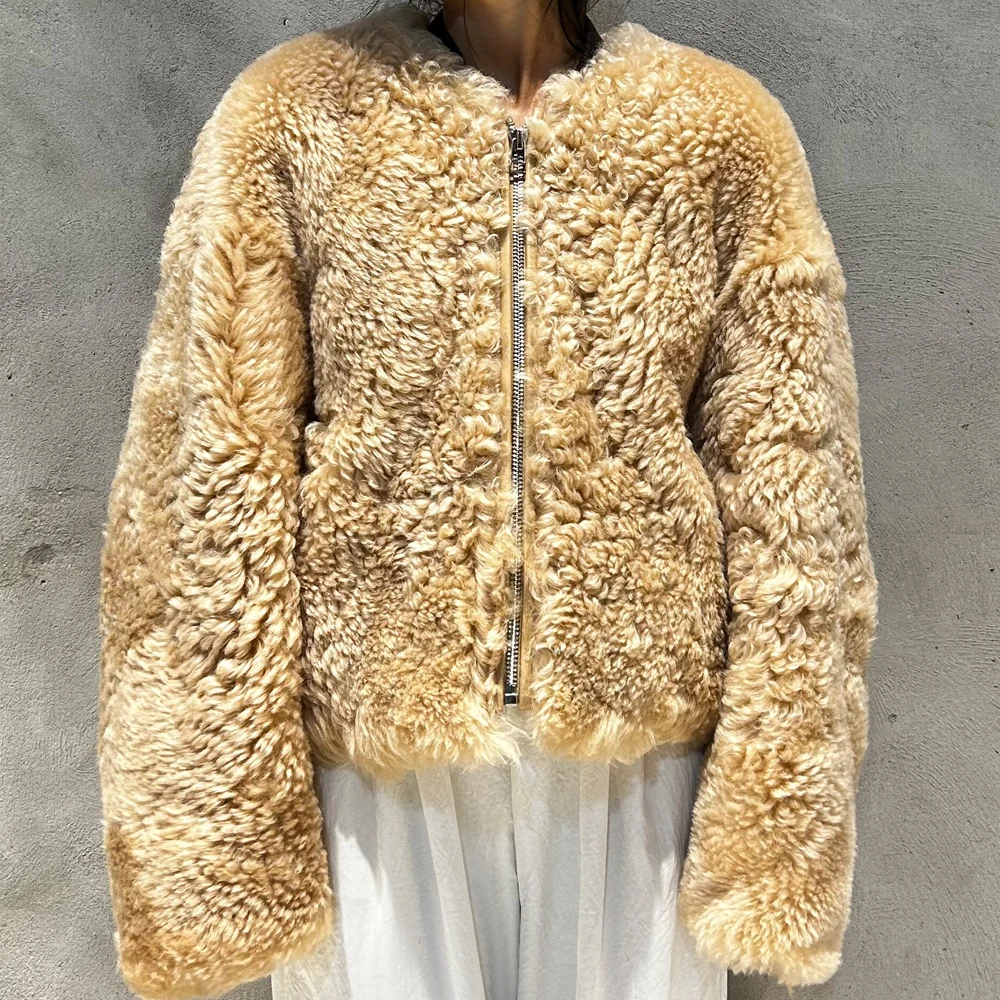 Woman Curly Lamb Shearling Jacket Winter Bomber Fur Shearling Coat New Fashion Warm Fur Coats