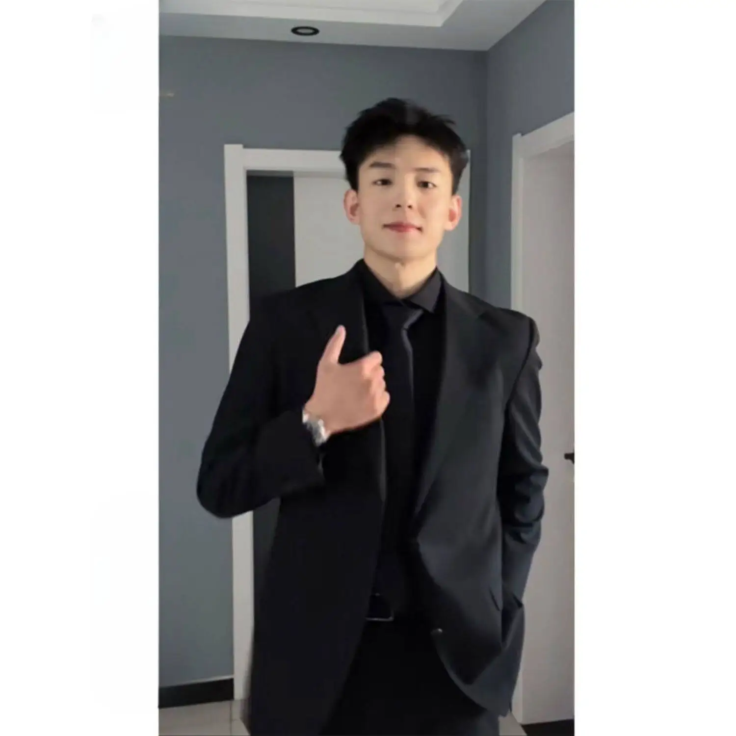 Casual Business Style Men's Suit Black Shoulder Pad Spring Autumn Fashionable Polyester Fiber Standard Fit No Button Pure Color