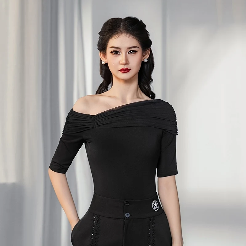

2025 New Waltz Ballroom Dance Practice Uniform Sexy Black Bodysuit Adult Latin Dance Tops For Women Chacha Latin Wear DQS19818