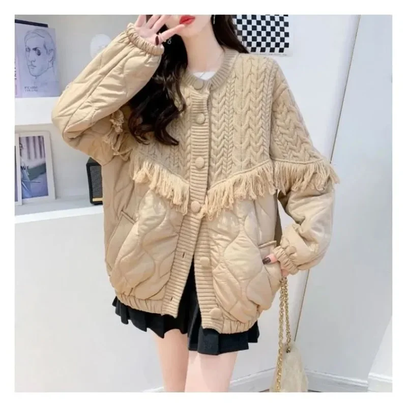 

2024 New Fashion Tassel Spliced Knitted Cardigan Coat Women Autumn Winter Loose Lazy Style Sweater Jacket Female E3818