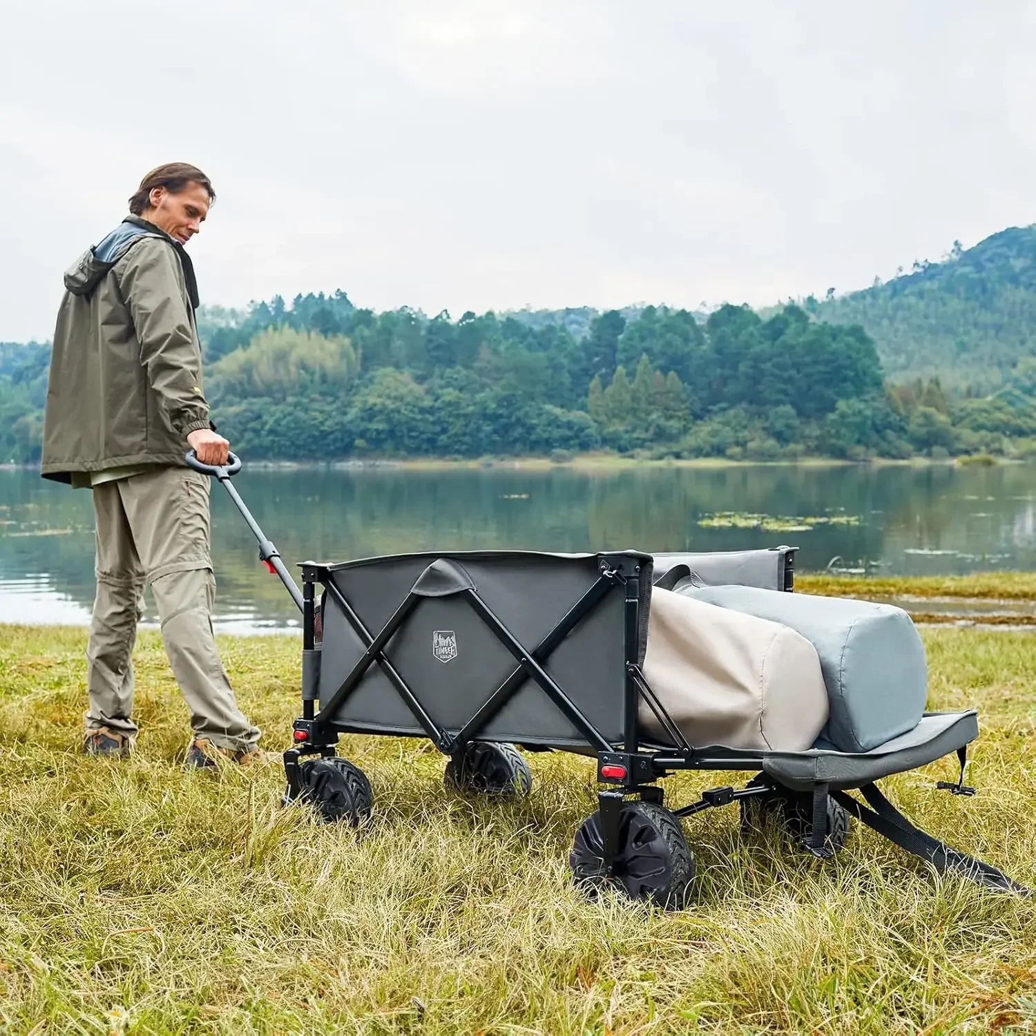 47" Extra Long Collapsible Folding Wagon with Tailgate, 300lbs Heavy Duty Beach Wagon USA