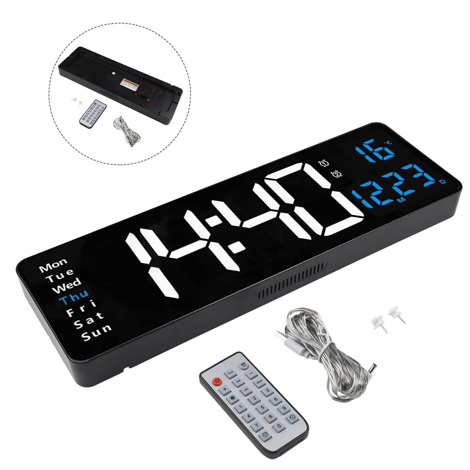 16 Inch Large Digital Wall Clock ABS Acrylic Wall‑Mounted LED Clock USB Plug‑in Powered With Remote Control Alarm Timer