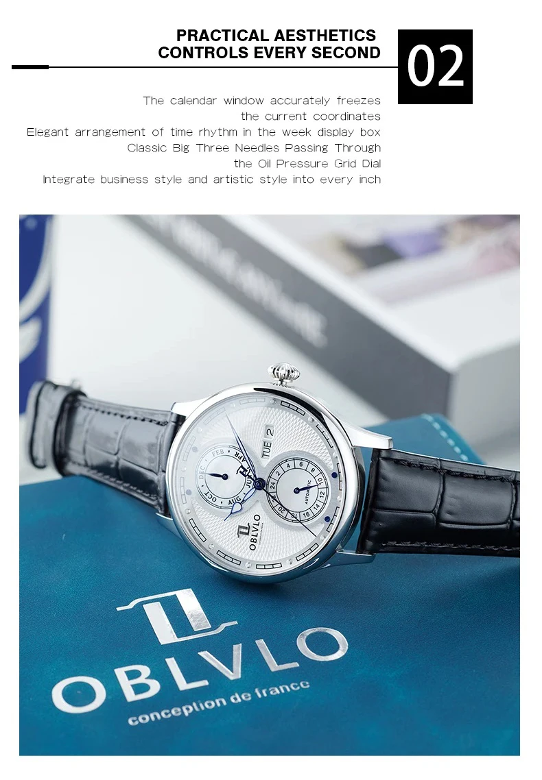 Reef Tiger Men Automatic Watch 42mm Fashion Mechanical Wristwatch 5ATM Luminous Multi MOP Dial Month,Week,Date,24 Hours