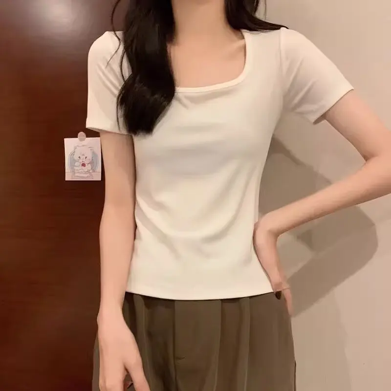 

2024 Korean Style Short-Sleeved Blouse Women Spring and Summer Fashion Style Solid Color T-Shirt