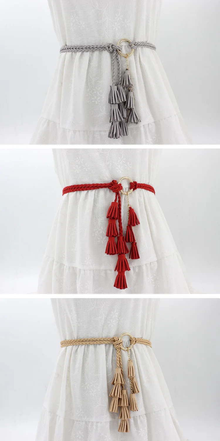 

Women's Decorative Knotted Dress Braided Belt Versatile Waist Three Strings of Tassels Gold Circle Waist Rope One Piece of Hair
