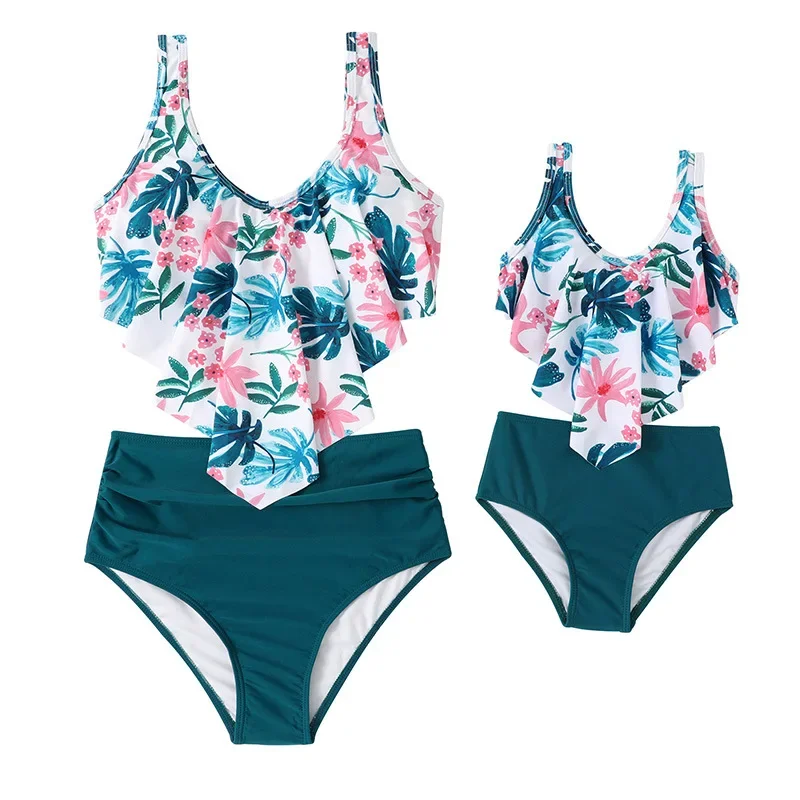 New High Waist Family Matching Swimwear Family Look Mother and Daughter Swimsuit Mom and Baby Girl Two Pieces Bikini Set