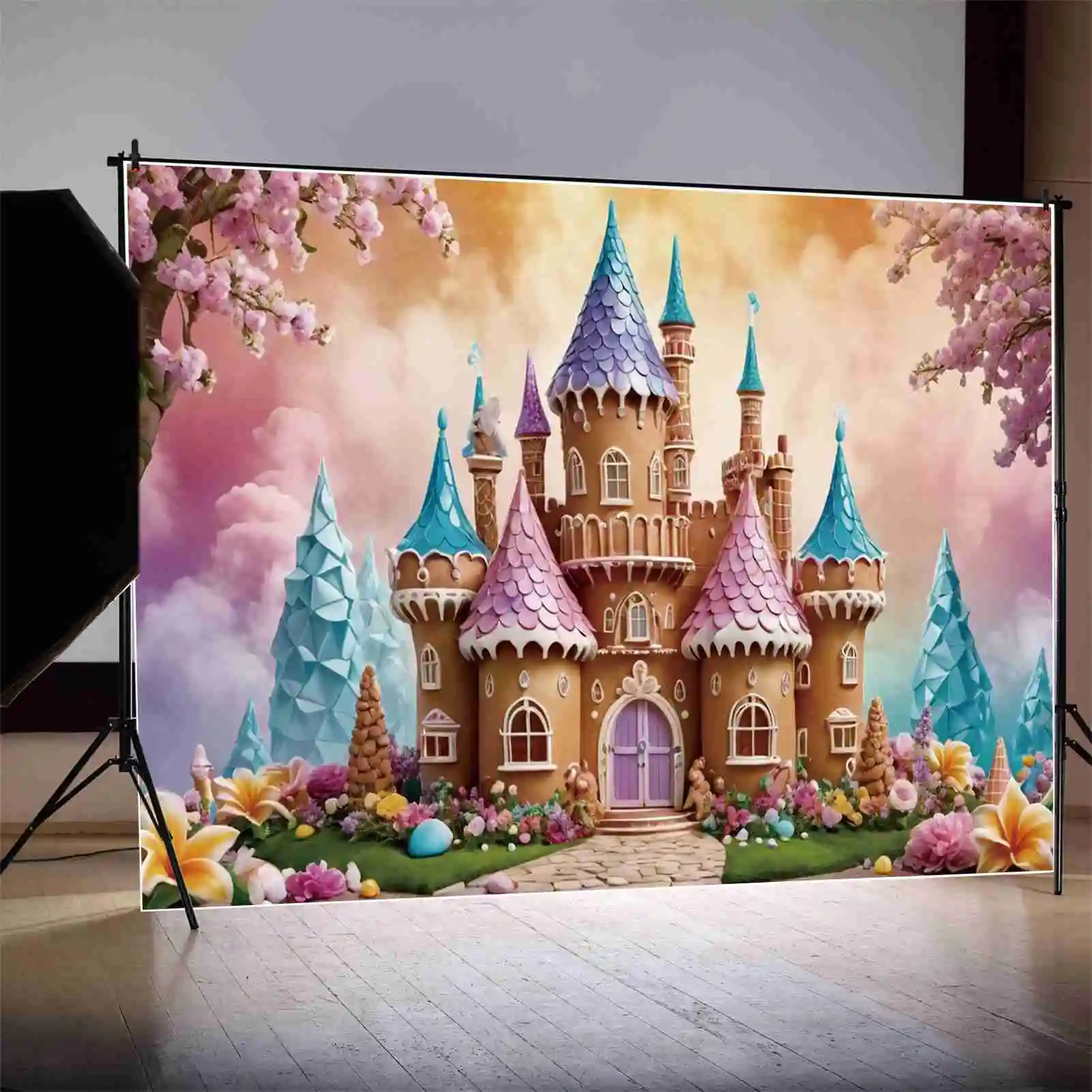 MOON.QG Princess Candyland Birthday Background Children's Castle Lollipop Flower Blossom Backdrops Custom Party Photocall Props