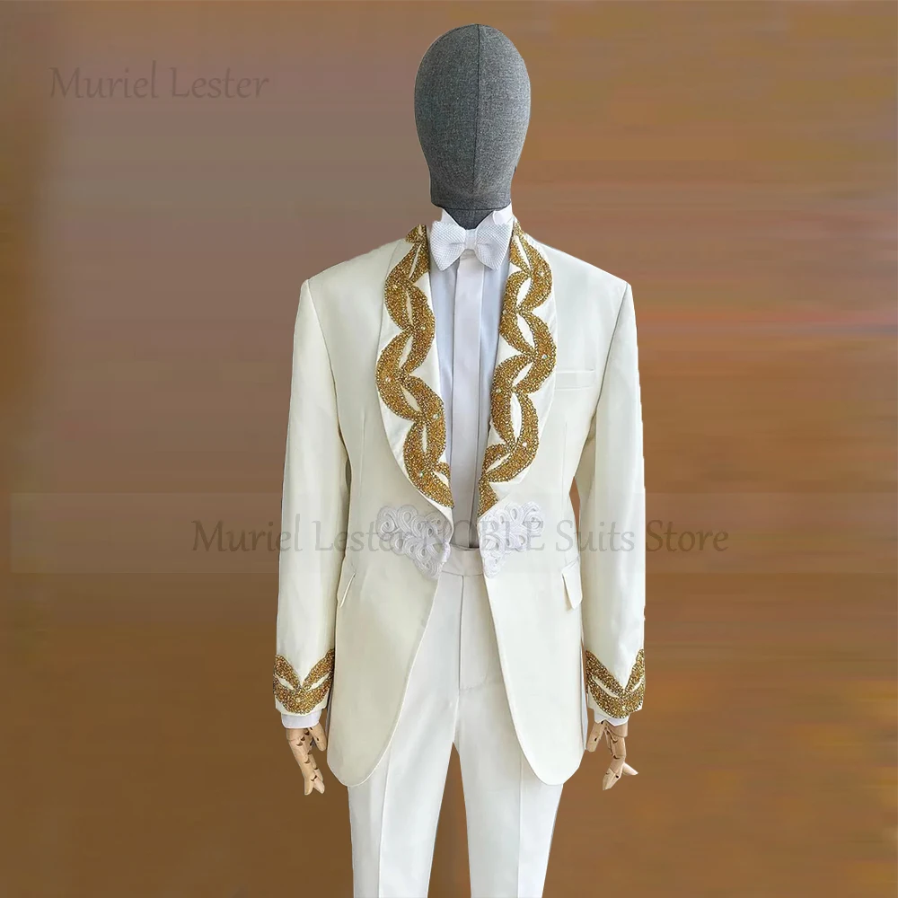 Trajes de boda de novio de tamaño/Color personalizados, chaqueta con solapa de piedras y cuentas doradas, esmoquin para fiesta de negocios, vestidos de banquete para novio 2025, 2 uds.