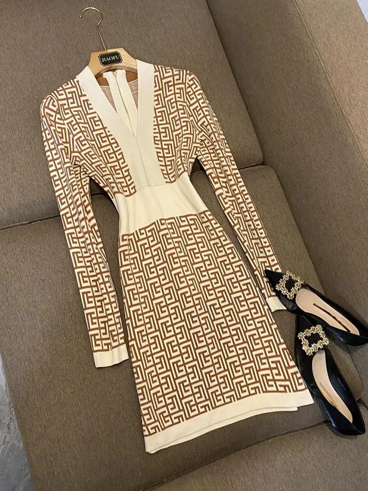 

Winter New Knitted Wrap around Long Sve V-Ne Dr High Waist Belted Khaki Bla B75 Ci Commute Sle S-Fit Bodycon ...