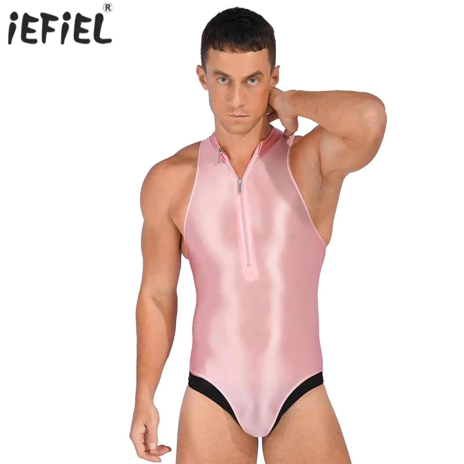 Mens Glossy Sleeveless Bodysuit Swimsuit Lingerie One Piece Playsuits Solid Color Double Zipper Front Leotard Swimwear Nightwear